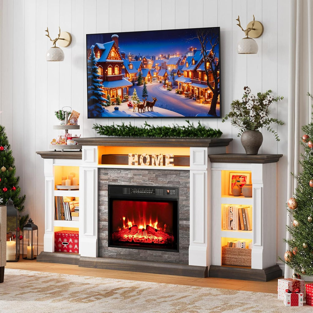 Naice 72" Electric Fireplace with Mantel and Cabinets, Fireplace TV Stand for Living Room Bedroom, LED Light & Power Outlet, 23in Realistic Flame Fireplace and Stacked Stone Surround, Brown