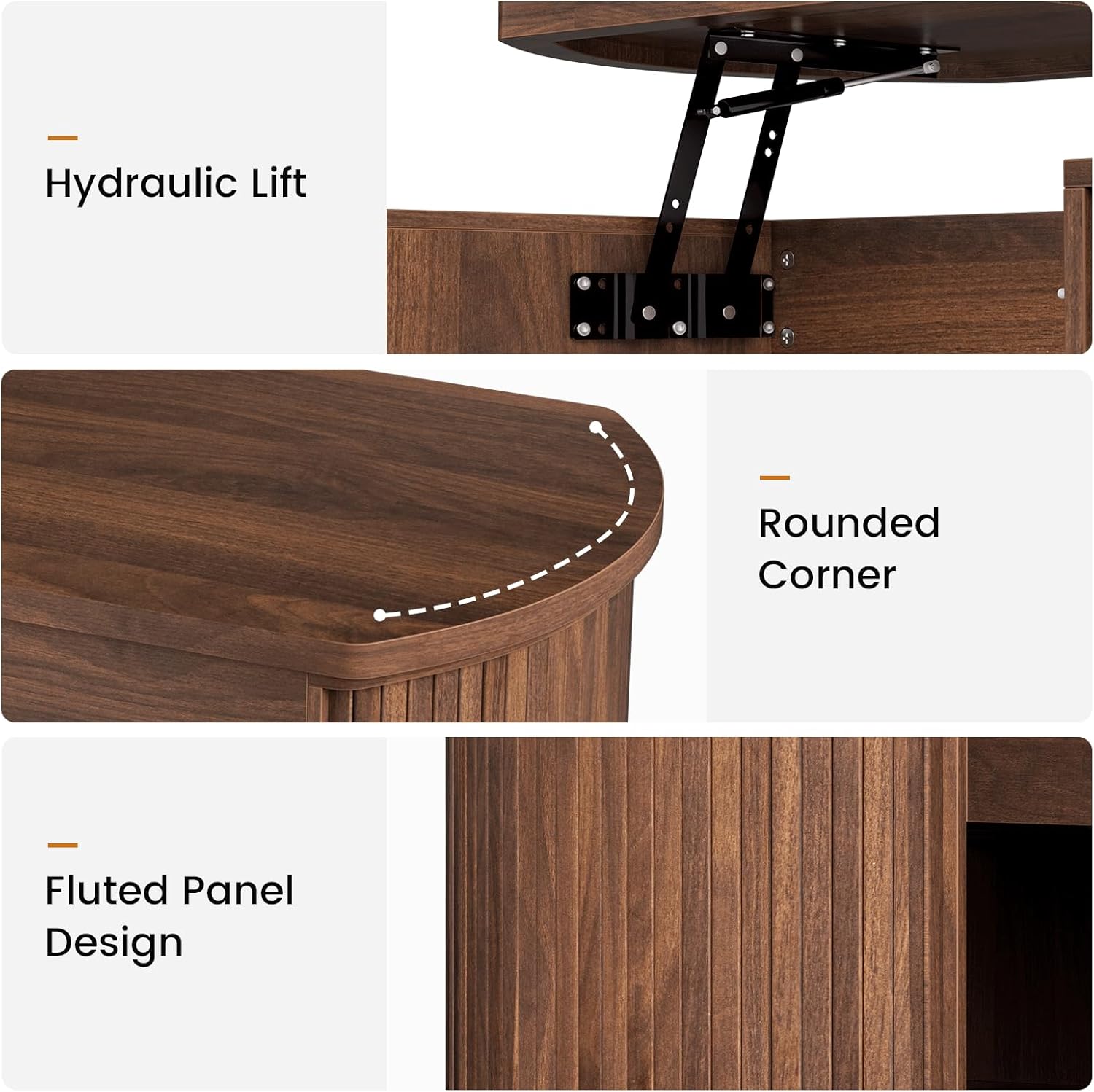 FABATO Oval Lift Top Coffee Table with Storage, Mid Century Modern Coffee Table for Living Room, 2 Tier Center Table with Lift-Top, 41.7" Fluted Wood Table for Reception Room, Home Office, Walnut