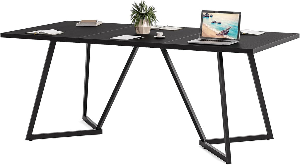 LITTLE TREE 70.86-Inch Conference Table for 8, Black Conference Room Table with Metal Base, Modern 5.9 ft Rectangular Table for Boardroom, Meeting, Conference Room