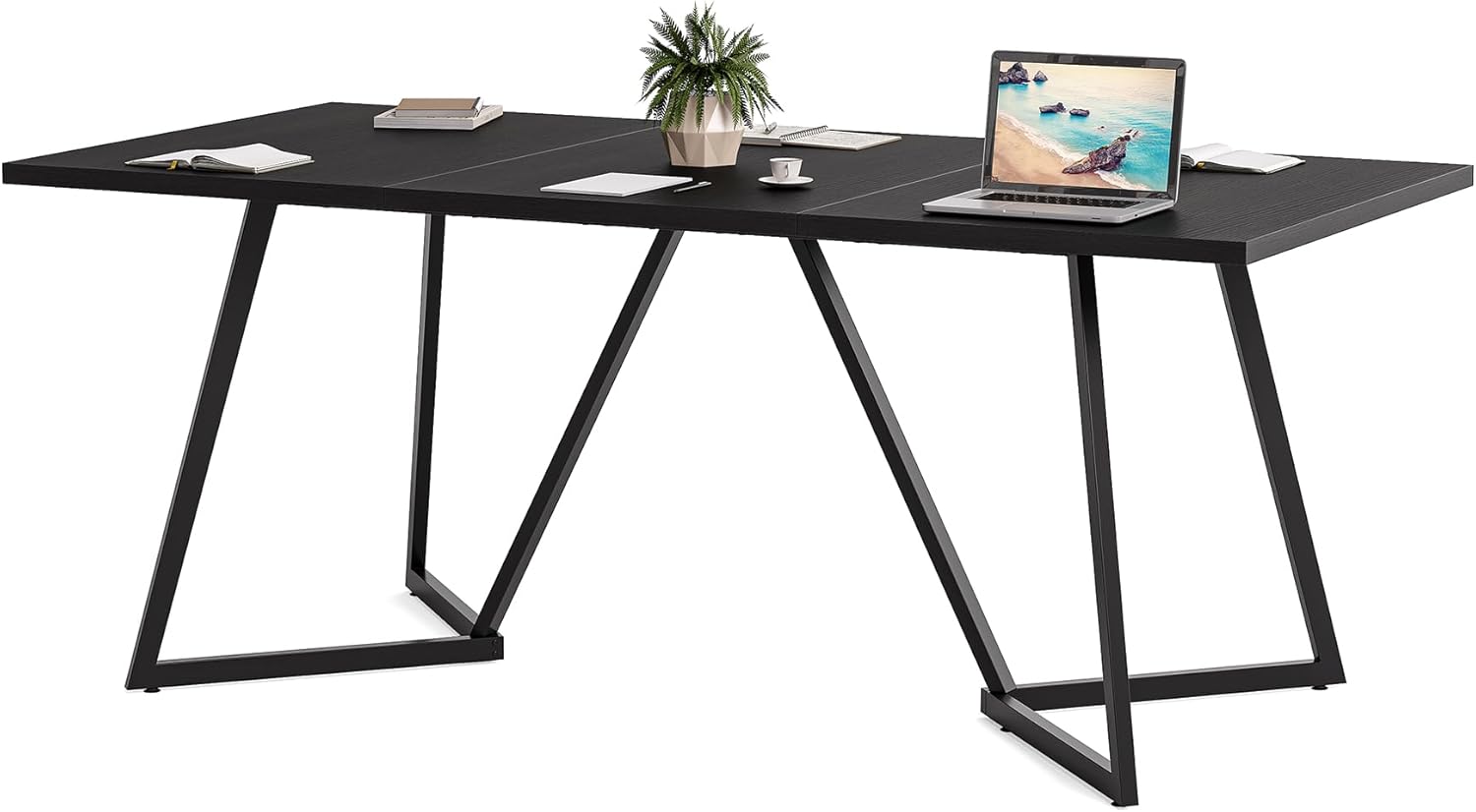 LITTLE TREE 70.86-Inch Conference Table for 8, Black Conference Room Table with Metal Base, Modern 5.9 ft Rectangular Table for Boardroom, Meeting, Conference Room