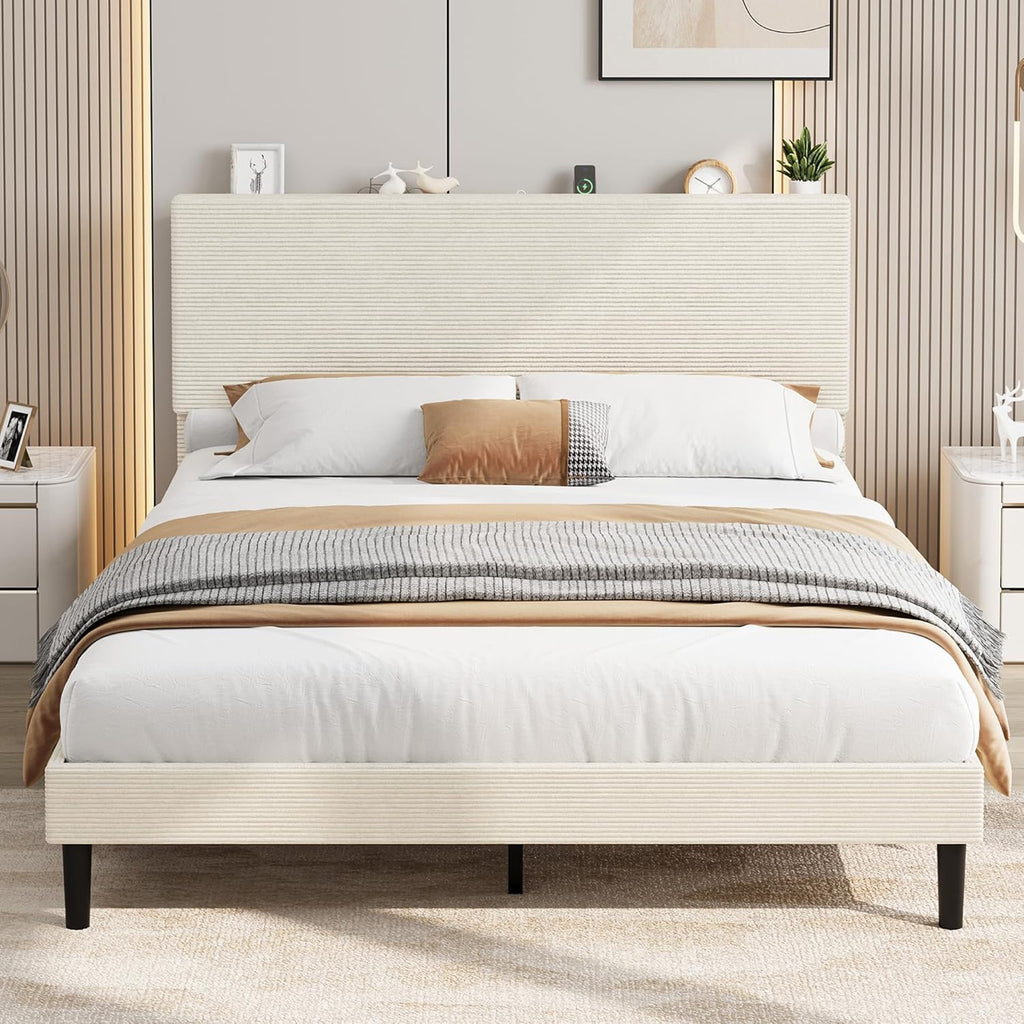 Garvee Queen Size Bed Frame with USB Charging Station, Corduroy Upholstered Platform Bed Frame with Adjustable Storage Headboard, Wooden Slats Support, No Box Spring Needed, Easy Assembly, Beige