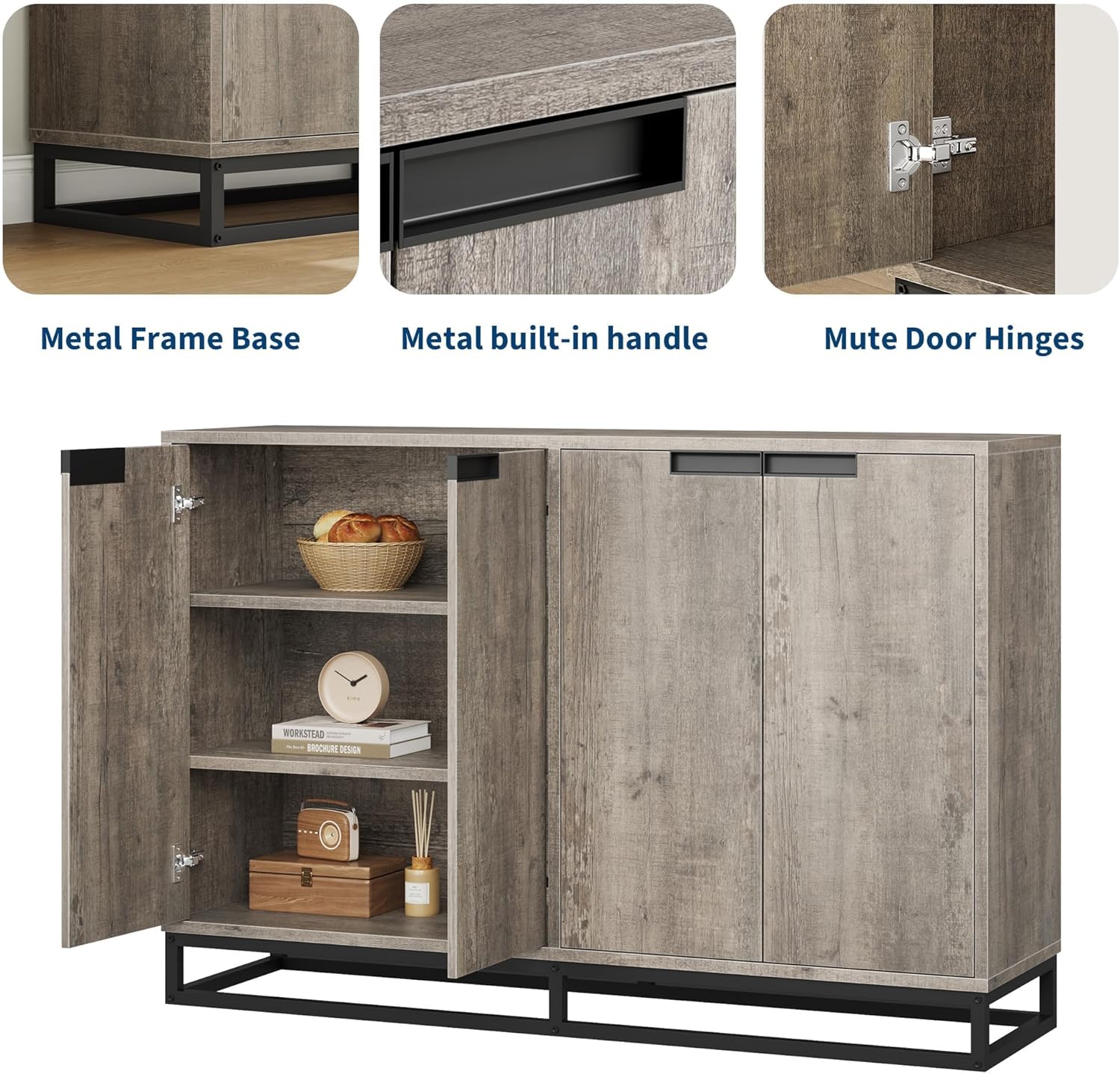 GAOMON 55" Buffet Cabinet, Large Sideboard Buffet Cabinet with Storage, Storage Cabinet with 4 Doors & Adjustable Shelves, Wood Coffee Bar for Living Room, Dining Room, Kitchen, Grey