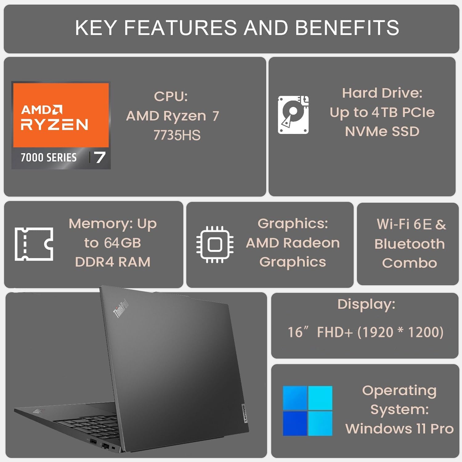 Lenovo ThinkPad E16 G2 Business Laptop Computer  16" FHD+  AMD 8-Core Ryzen 7 7735HS (Beat i7-1360P)  16GB DDR5 RAM  1TB PCIe SSD  WiFi 6E  Fingerprint Reader  Backlit Keyboard  Windows 11 Pro