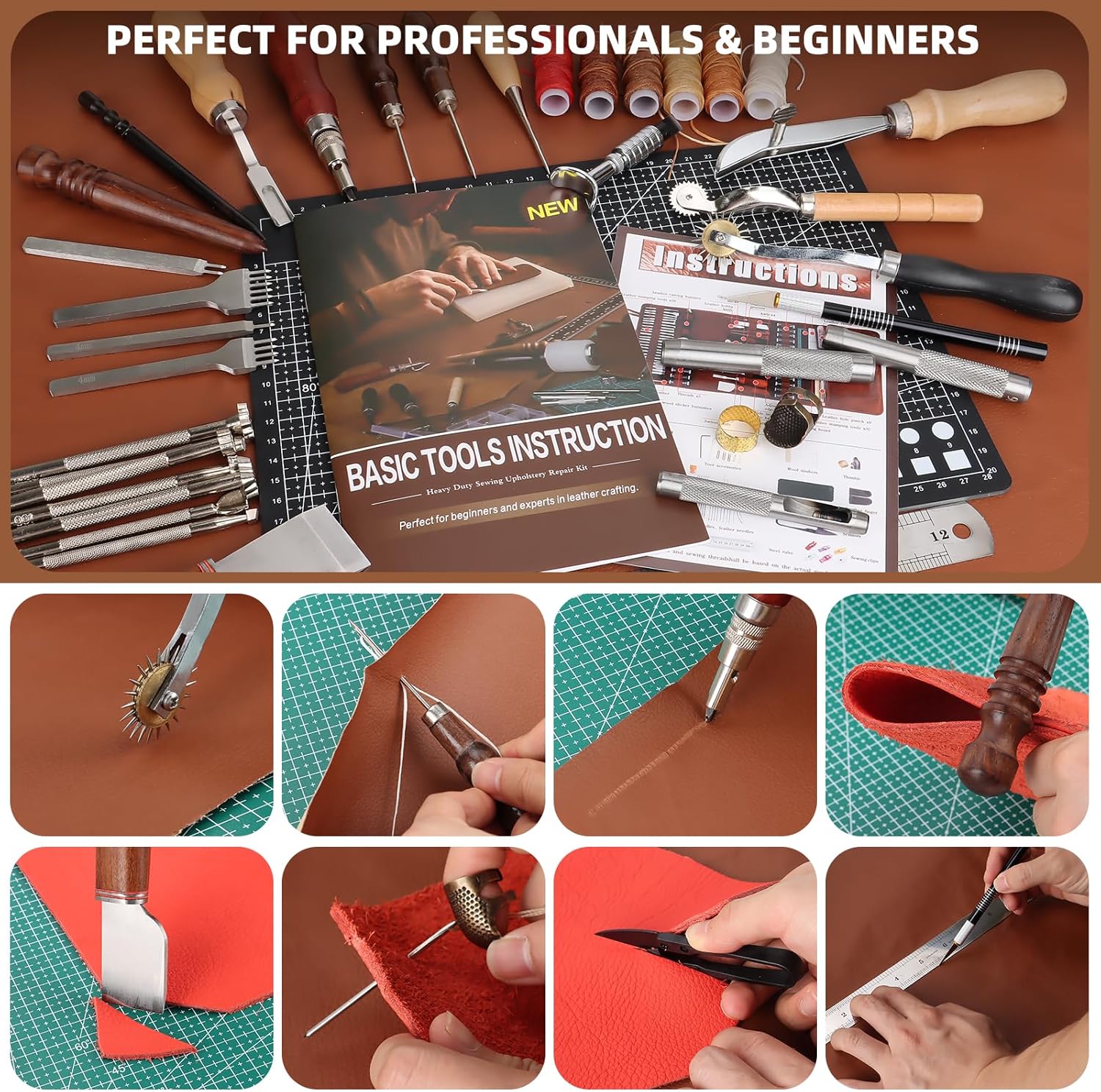 Leather Working Tooling Kit All-in-One Set Leatherworking Crafting Tools with Apron Custom Handbag Cutting Mats Stamping Engraving Punching Sewing Sanding Tools for Leather Making Repair Professional