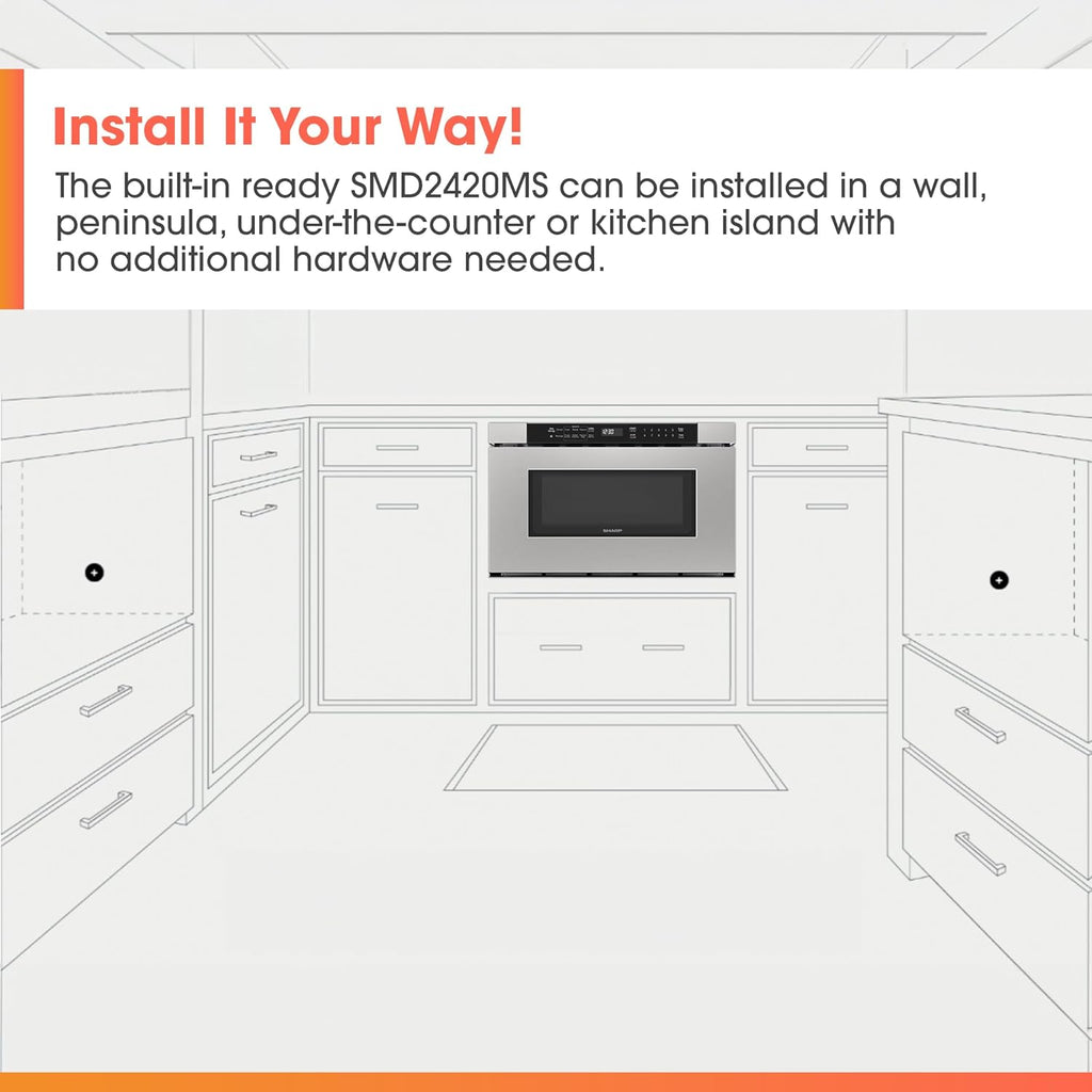 Sharp SMD2420MS 24-Inch Built-In Microwave Drawer Oven, 1.2 Cu. Ft, Stainless Steel, Touch Control Panel, Sensor Cook Technology, Under-Counter Installation