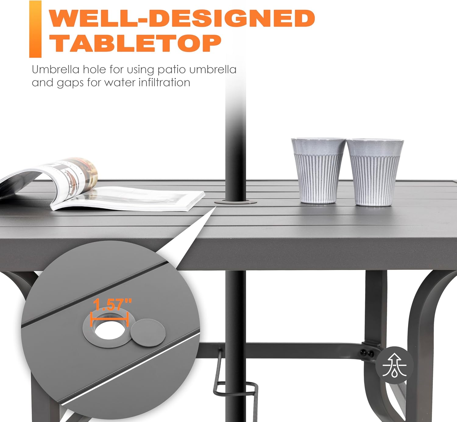 NUU GARDEN 37" Outdoor Patio Table, Square Steel Slat Dining Table for 4 with 1.57" Umbrella Hole, Powder-Coated Iron Frame and Slatted Top for Patio, Garden and Balcony, Gray