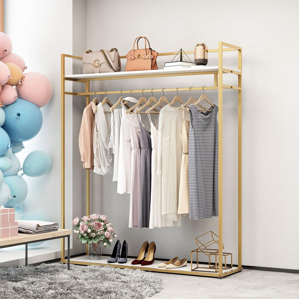 Heavy Duty Gold Clothing Rack with Shelves for Hanging Clothing, Gold Metal Freestanding Garment Rack for Retail Display (59" L)