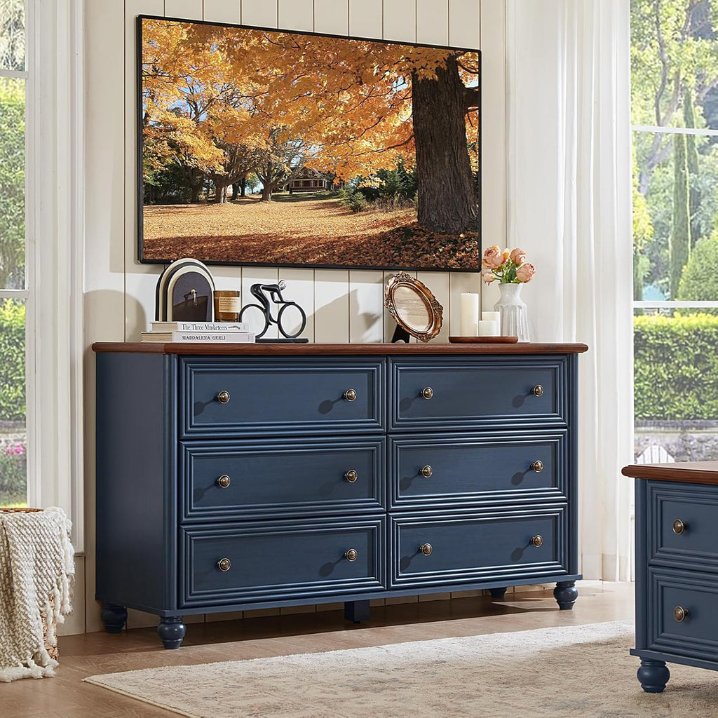 Farmhouse Dresser and Nightstand Sets 4 Piece, Wooden 6 Drawers Dresser & 43.5" Tall Chest of Drawers, 18" Roman Column Nightstand Set of 2, Furniture Dressers for Bedroom, Living Room