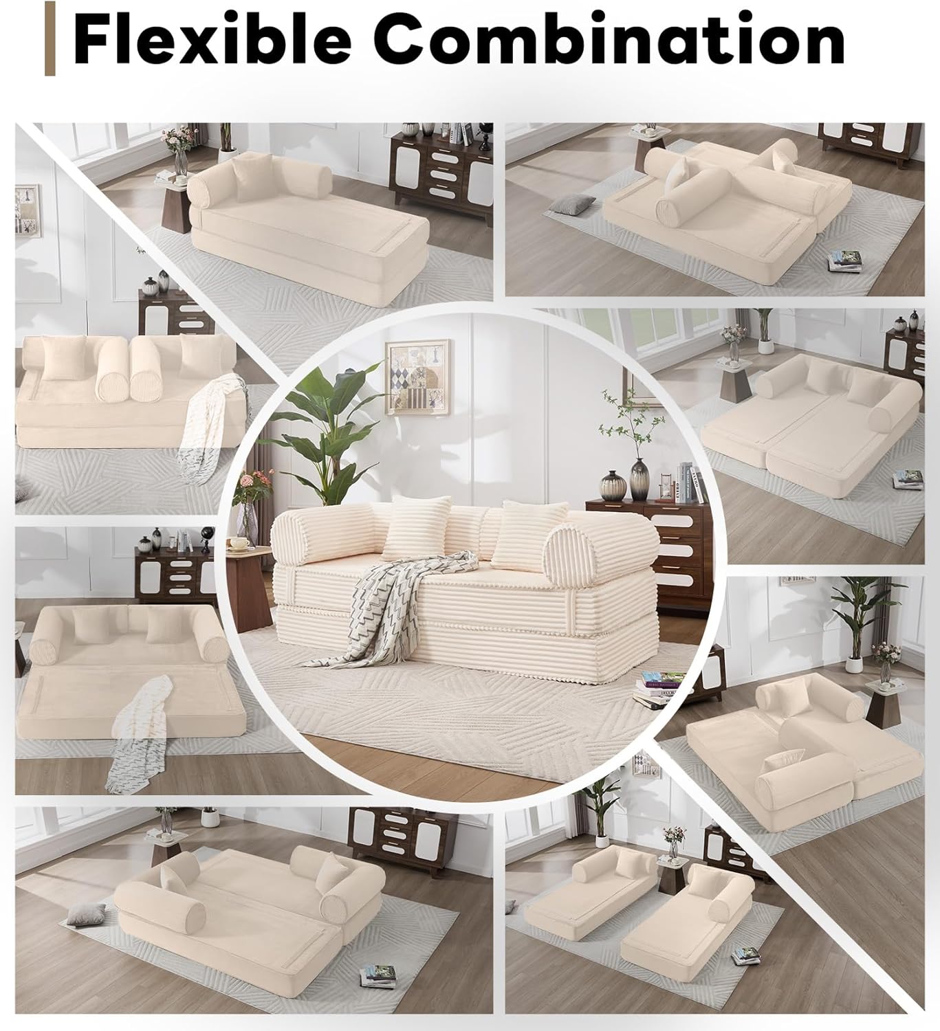 Tbfit 79'' Convertible Sofa Bed, Oversized Corduroy Folding Boneless Couch, Futon Mattress Sleeper Sofa, Comfy Foldable Upholstered Floor Couches for Living Room, Beige