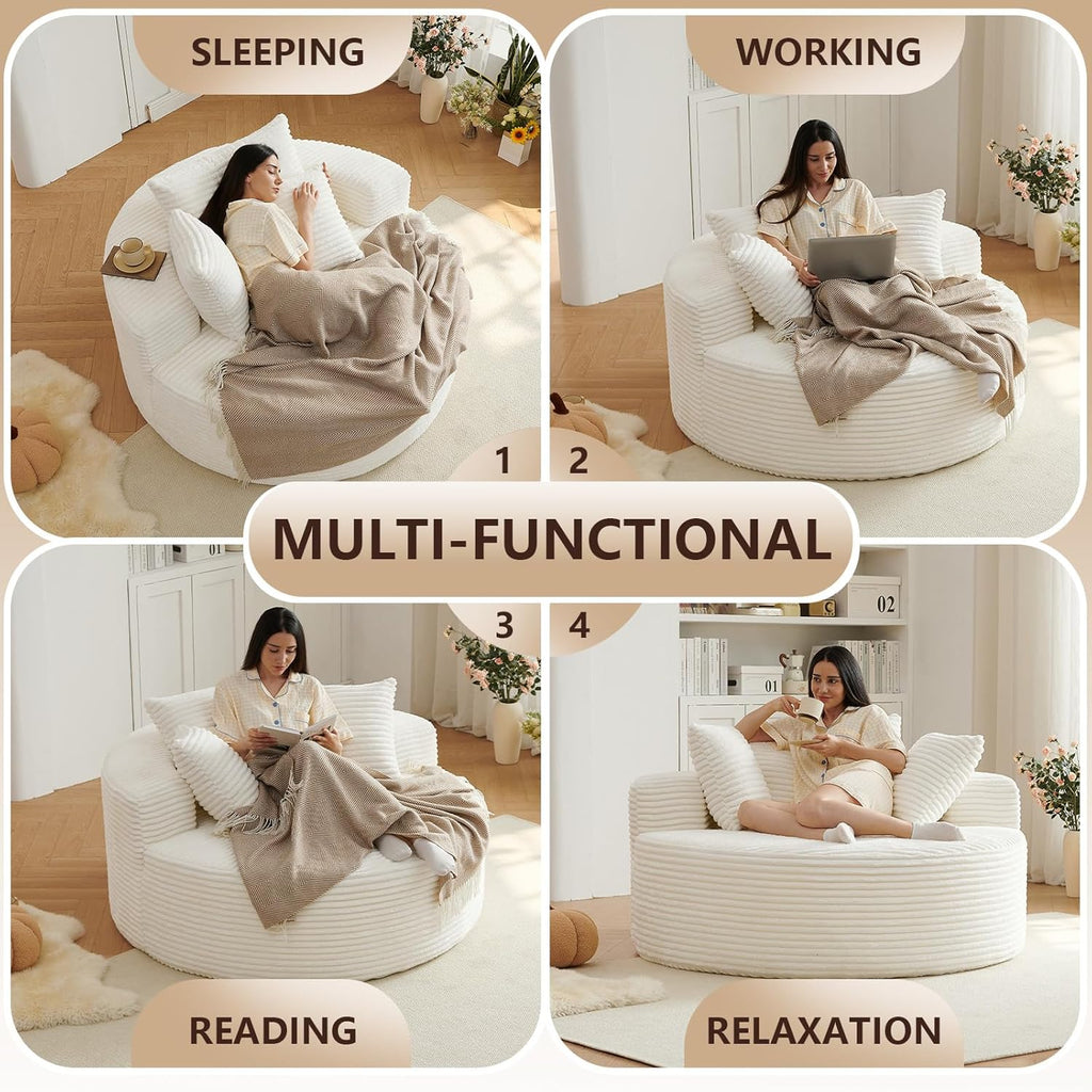 55'' Oversized Round Chair Lounge Chaise Indoor, Cloud Boneless Large Circle Chair with Plush Corduroy, No Assembly Required, Fluffy Modern Sleeper Sofa Bed for Reading, Living Room, Bedroom(White)