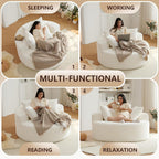55'' Oversized Round Chair Lounge Chaise Indoor, Cloud Boneless Large Circle Chair with Plush Corduroy, No Assembly Required, Fluffy Modern Sleeper Sofa Bed for Reading, Living Room, Bedroom(White)