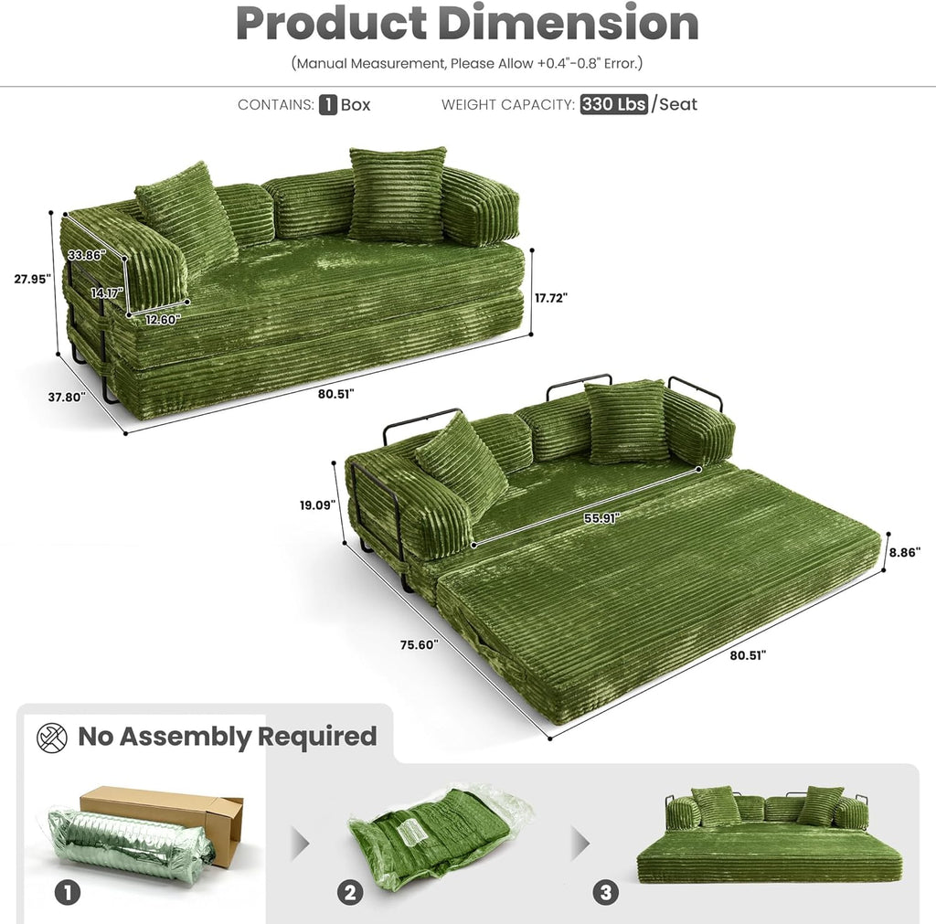 ovios 81" Folding Sofa Bed, Foldable Sleeper Boneless Couch with Pull Out Beds, Modular Convertible Floor Futon Loveseat Lounger for Living Room (Faux Fur, Green)
