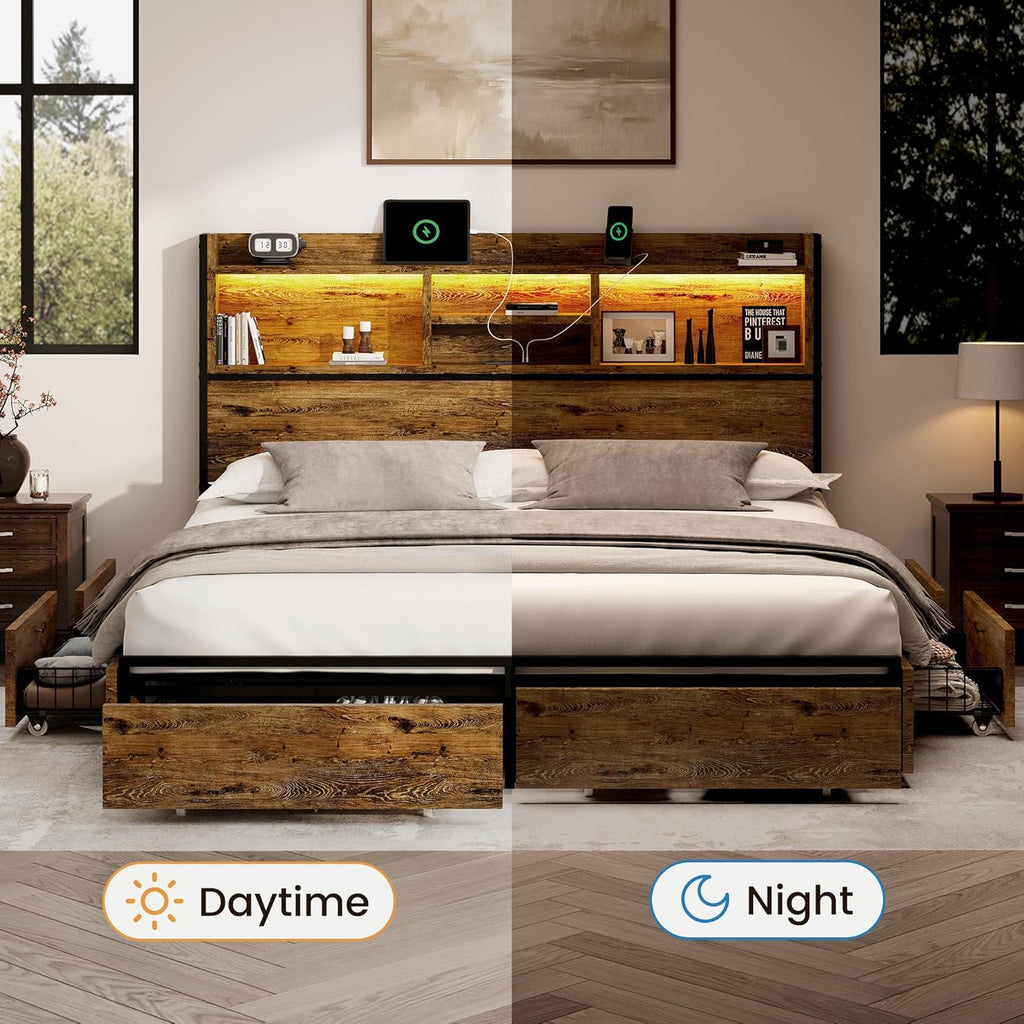 King Storage Bed Frame with 6 Drawers, USB Charging Station, No Noise, No Box Spring Required, Vintage Brown Headboard Platform Bed