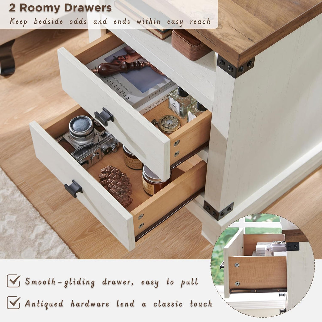 Farmhouse Nightstand Set of 2 with Charging Station, 18" Rustic Night Stand with 2 Storage Drawers, Wood End Table for Bedroom, Living Room, Antique White