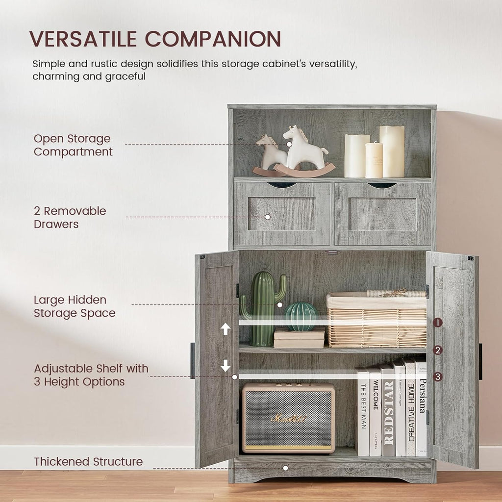Iwell Storage Cabinet with 2 Drawers & 2 Adjustable Shelves, Kitchen Cabinet, Cupboard, for Living Room, Kitchen, Entryway, Home Office, Grey