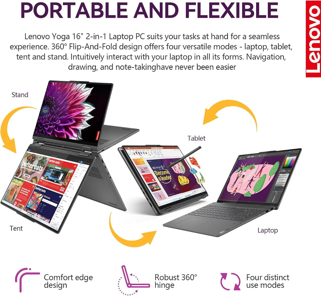 Lenovo Yoga 7i 2 in 1 Laptop Touchscreen  16" FHD+ 360 Foldable Touch Screen Convertible  Intel Core Ultra 7  Windows 11 Pro Laptop PC  16GB DDR5 RAM 1TB SSD  Backlit 10-Key  Fingerprint