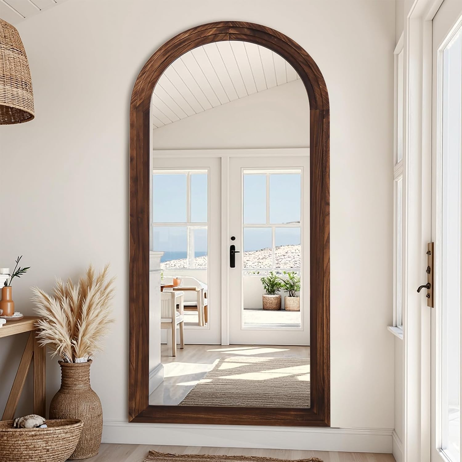 Antok Floor Mirror, Wood Full Length Mirror Wooden Full Body Mirror with Stand, Hanging Mounted for Living Room Cloakroom, 71"×32", Walnut, Arched Style