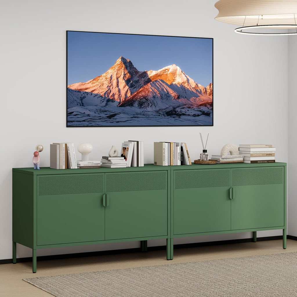 Metal Storage Cabinet with 2 Doors & Adjustable Shelves, 25" H Green Accent Cabinet, Metal Locker Storage Cabinets, Tv Stand Cabinet for Home, Office, Living Room, Entryway