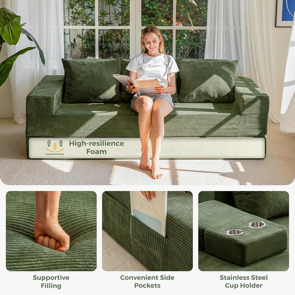 MAXYOYO Convertible Sofa Bed, 80" Oversized Boneless Loveseat Couch 4 in 1 Foldable Floor Sofa Couch in A Box with 2 Cup Holders, Folding Sleeper Chair for Living Room, No Assembly Required, Green