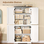TEENFON 58" H Storage Cabinet with Adjustable Shelf, Farmhouse Kitchen Pantry Cabinet, Bathroom Cabinet with 4 Doors, Cupboard for Kitchen, Bathroom, Living Room, White