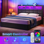 Lift Up Full Size Bed Frame with Storage, Upholstered Full Bed Frame with LED Lights Headboard and Charging Station, No Box Spring Needed, Easy Assembly - Dark Grey