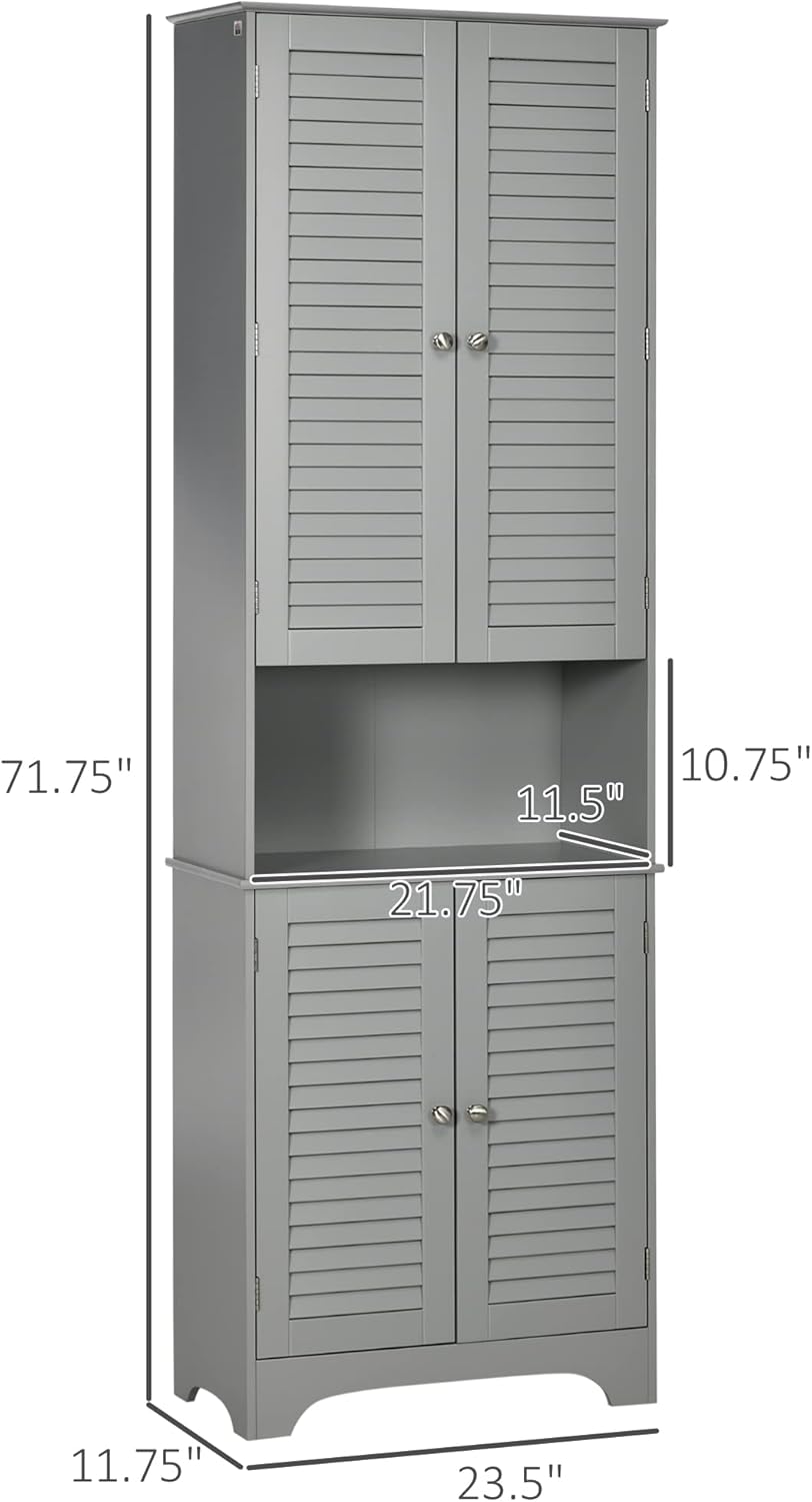 HOMCOM Tall Narrow Bathroom Storage Cabinet with Doors and Shelf Adjustability, Freestanding Linen Cabinet with 2 Cabinets and Countertop, Gray