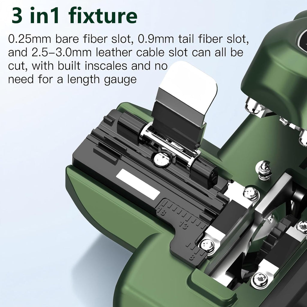 One-Step Fiber optic Cleaver VD-1 automatic Optical Fiber Cutter tool with 3-in-1 Clamp, 28-Position Blade, Detachable waste fiber box for Splicing & Cold Connection, FTTH Telecom & CATV Installation