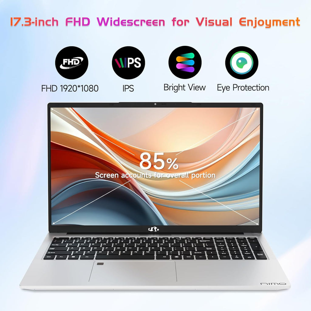 NIMO 17.3" FHD IPS Laptop  Intel Core i3-1215U (Beats i5-1135G7 Class)  16GB RAM  512GB SSD  Windows 11 Home  Wi-Fi 6  Backlit Keyboard  Fingerprint  USB-C 65W Fast Charge  Bluetooth 5.2  180° View