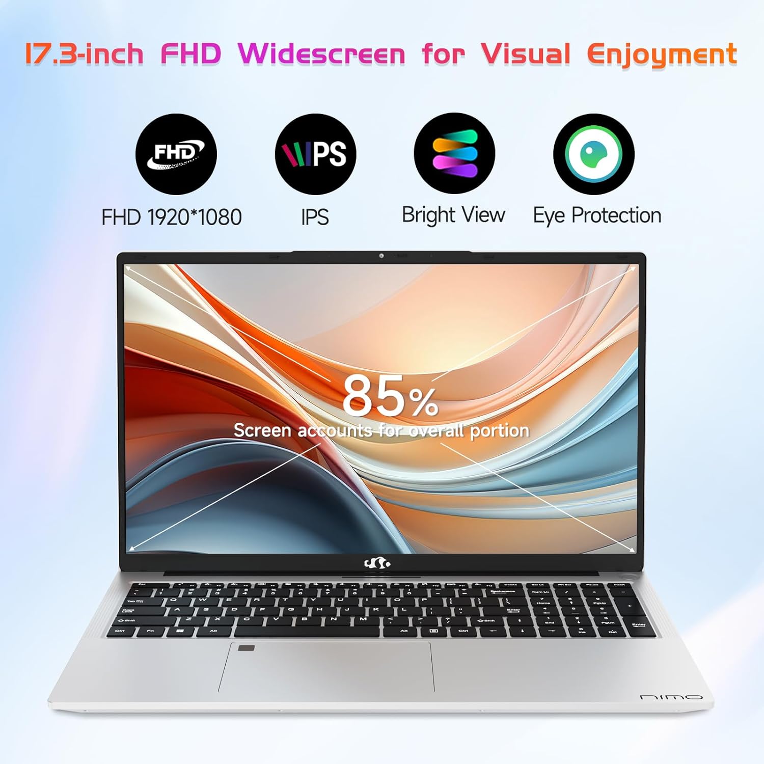 NIMO 17.3" FHD IPS Laptop  Intel Core i3-1215U (Beats i5-1135G7 Class)  16GB RAM  512GB SSD  Windows 11 Home  Wi-Fi 6  Backlit Keyboard  Fingerprint  USB-C 65W Fast Charge  Bluetooth 5.2  180° View