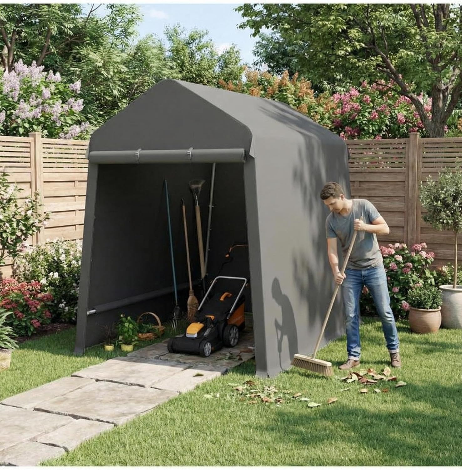 Garvee 6X8 Ft Outdoor Storage Shed, 2 Rolled Up Zipper Doors Portable Storage Shed, Waterproof Cover Vents Carports Temporary Shelter for Bike, Motorcycle, Gardening Tools, Generator, Grey