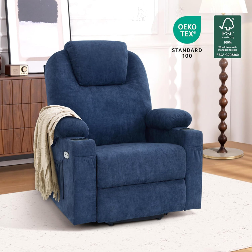 MCombo Power Lift Recliner Chair for Elderly, Lift Chair with Heat and Massage, USB&Type C Ports, Extended Footrest, Cup Holders, Fabric 7040 (Medium, Admiral)