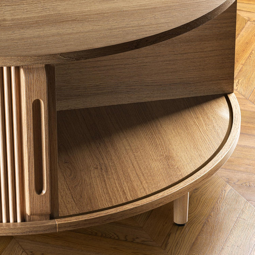 Round Coffee Table, 31.5" Fluted Center Table with Storage, Lift-Top Coffee Table with Adjustable Footpads, Sliding Door, Mid-Century Modern Center Table for Living Room, Small Space (Nature)