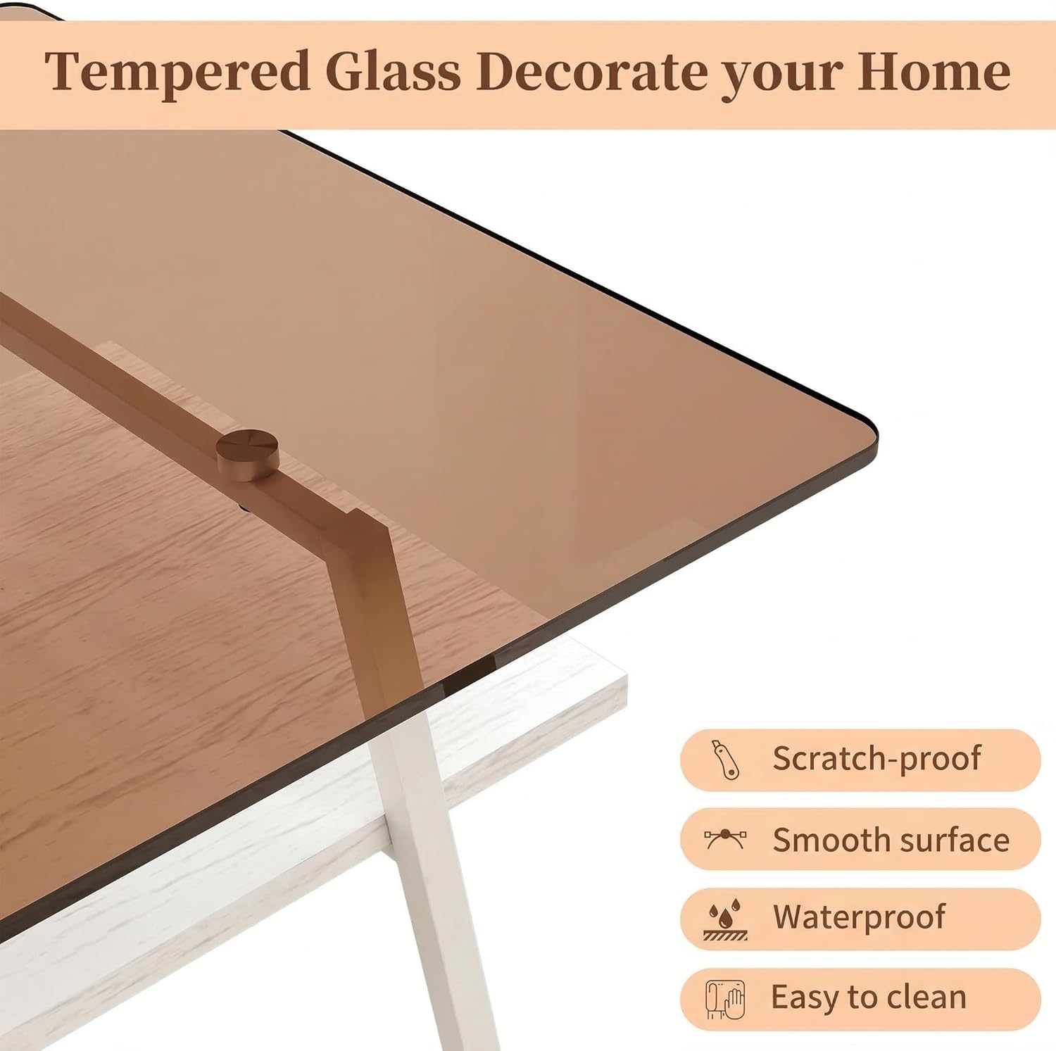 Casaphoria Rectangle Coffee Table, Modern Brown Tempered Glass Top Center Table with White Storage Shelf & Metal Legs, 2-Tier Living Room Furniture, 39 Inch, Easy Assembly