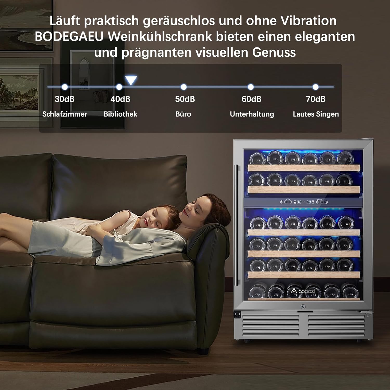 AAOBOSI 24 Inch Wine Cooler,46 Bottle -Dual Zone Built-in or Freestanding with Blue LED Light and Adjustable Shelves for Home,Kitchen or Office.