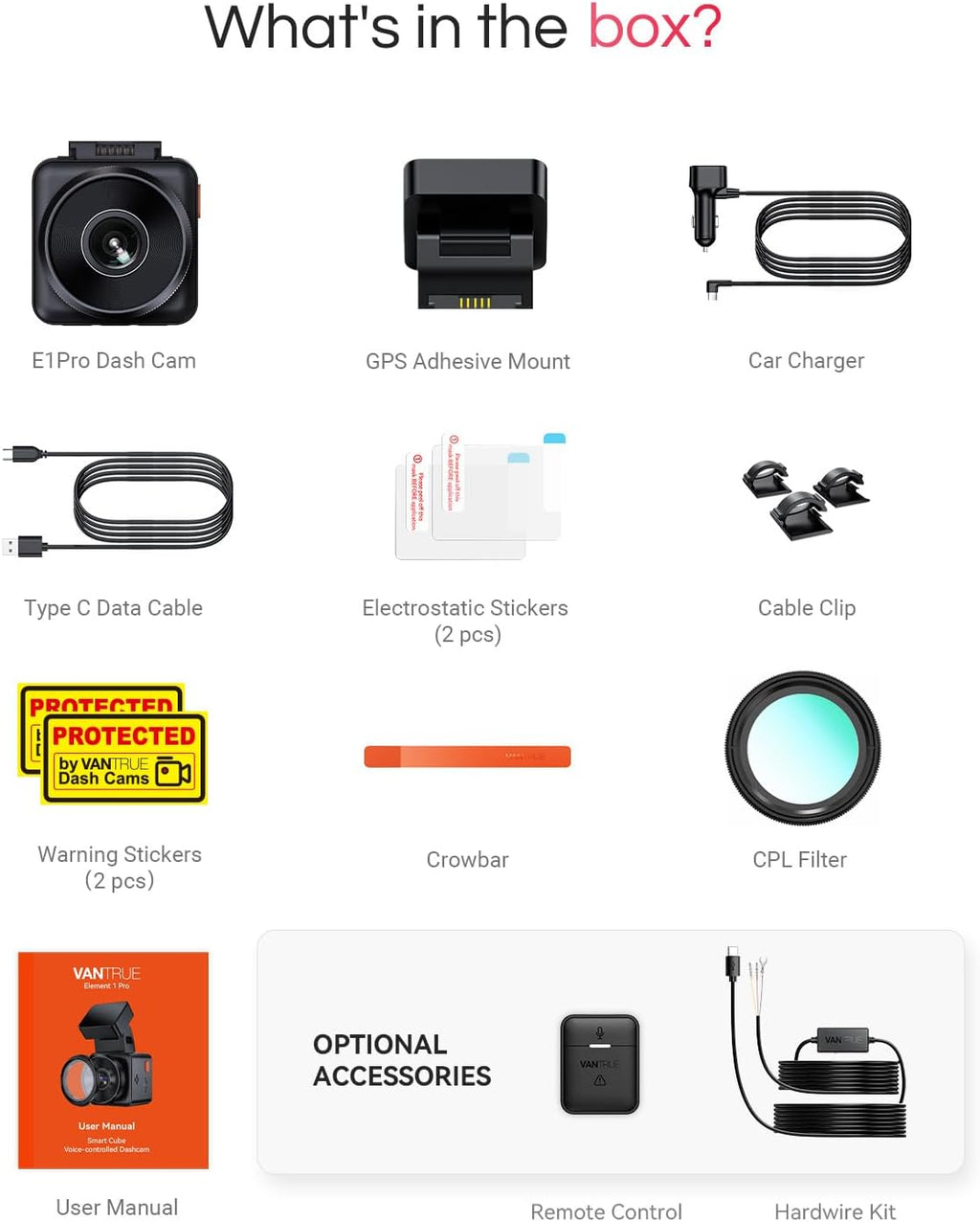 Vantrue E1 Pro 4K Mini Dash Cam Front  STARVIS 2 PlatePix HDR Night Vision Car Camera  Built-in 5G WiFi GPS  1.54'' IPS Screen  Voice Control  24/7 Buffered Parking Mode  Support 1TB Max