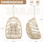 BULEXYARD Wicker Egg Chair Without Stand, 350 Lbs Foldable Rattan Swing with Cozy Padded Cushion, All-Season Hanging Hammock Basket for Outdoor Patio Balcony Bedroom Garden Tree Ceiling, Beige
