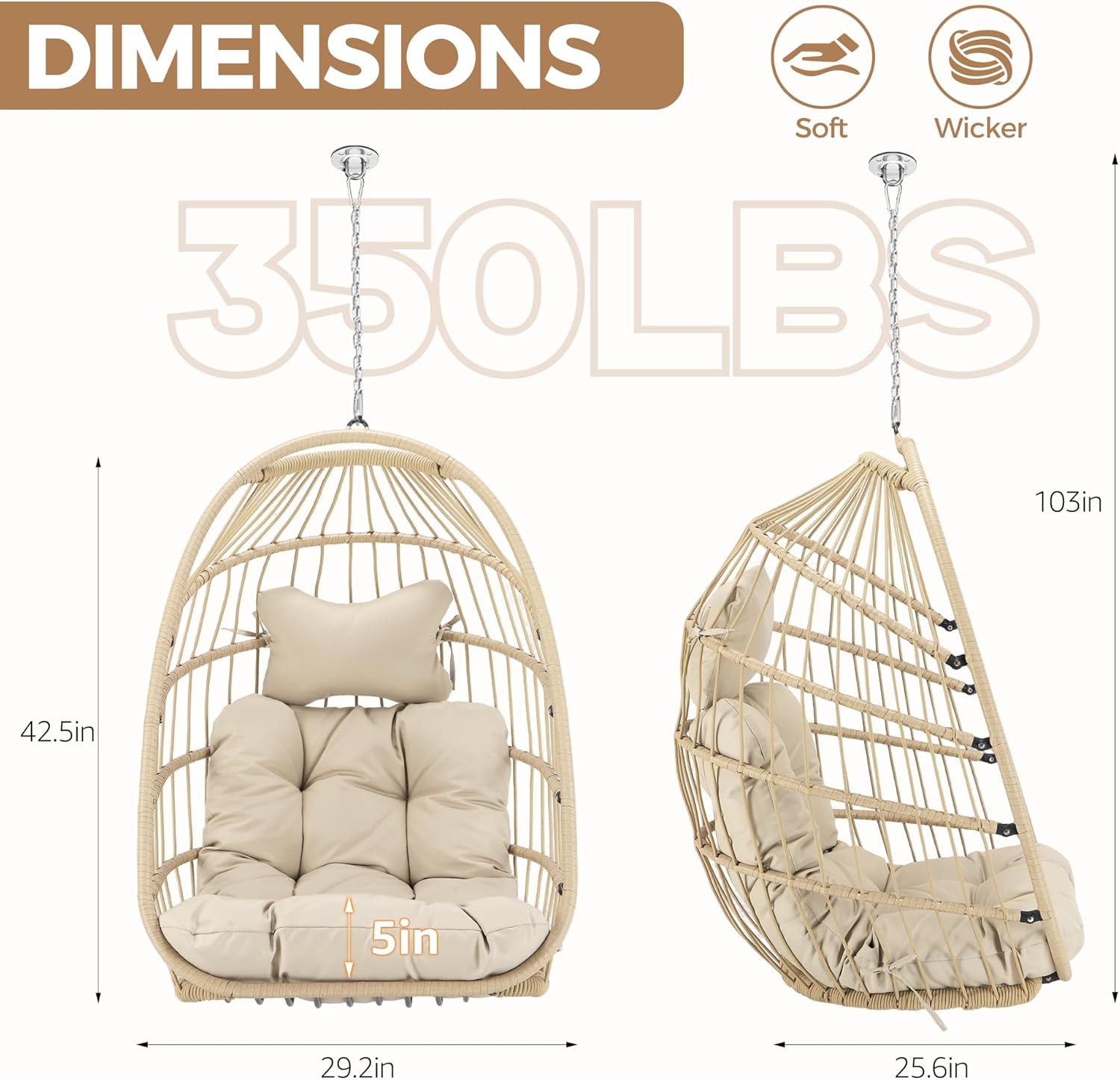 BULEXYARD Wicker Egg Chair Without Stand, 350 Lbs Foldable Rattan Swing with Cozy Padded Cushion, All-Season Hanging Hammock Basket for Outdoor Patio Balcony Bedroom Garden Tree Ceiling, Beige
