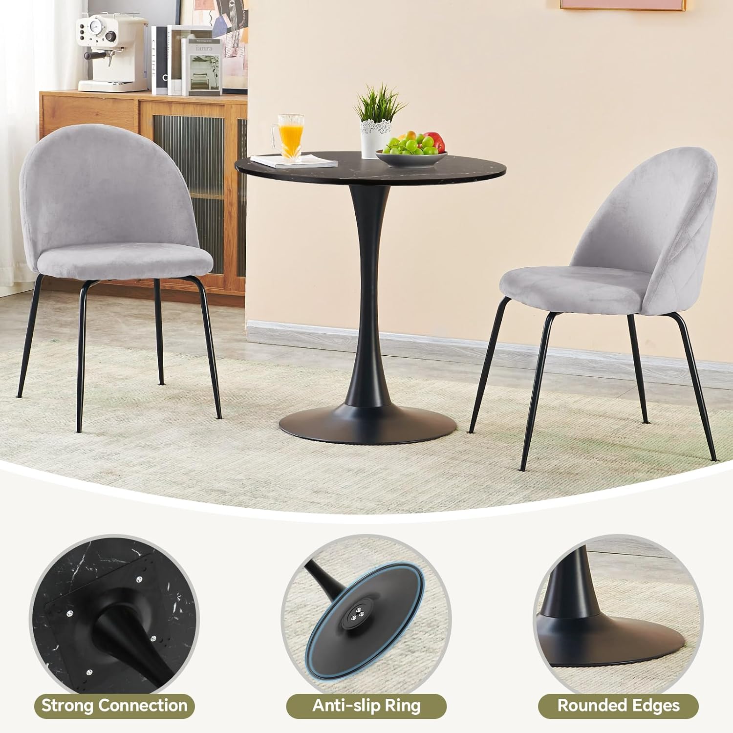 Round Dining Table 27.5" Faux Marble Black Tulip Table with Pedestal Base for 2-4 People Small Space - Kitchen Living Room Cafe