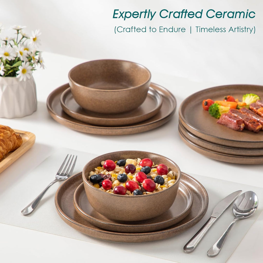 vancasso Plates and Bowls Sets, 18 Pieces Modern Ceramic Dinnerware Set for 6, Dish Set for Kitchen, Dinner Set Stoneware Dishware Set Microwave and Dishwasher Safe, Brown, Series ZERMATT