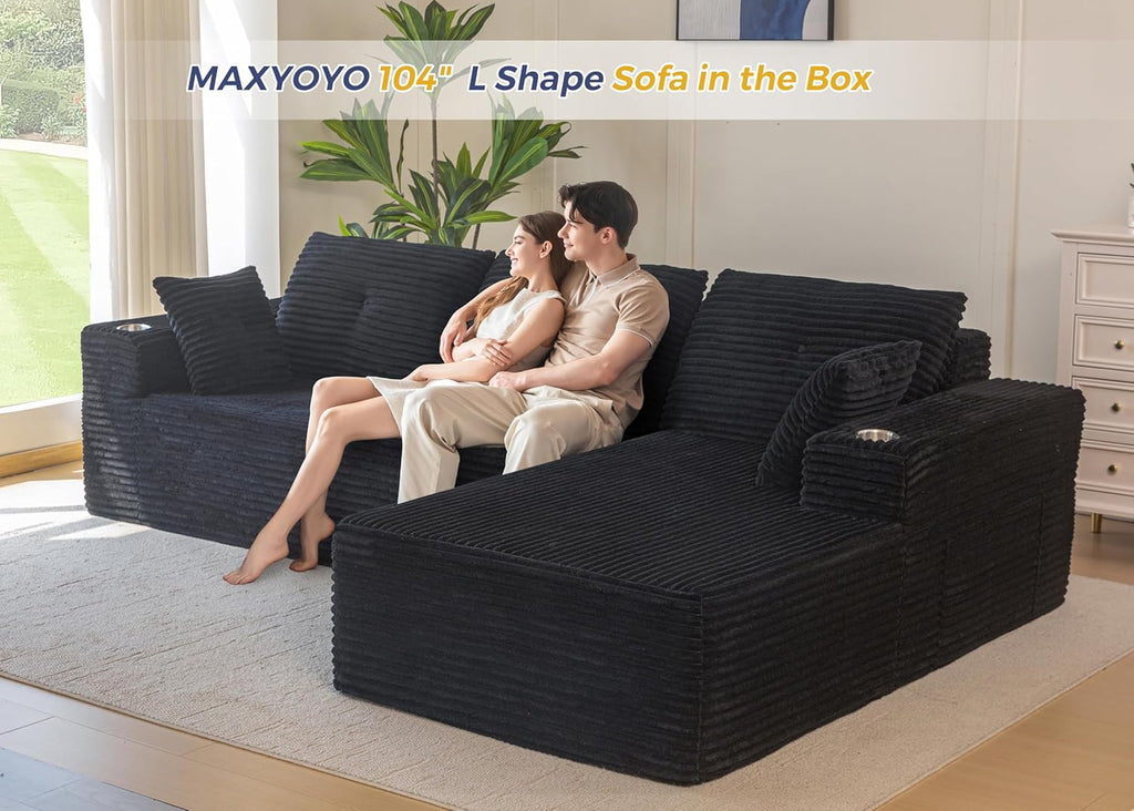 MAXYOYO 104" Modular Sectional Couch with L-Shape Chaise, Modern Boneless Couch for Living Room, Sofa in A Box, Oversized Sofa Sleeper with Deep Seat, No Assembly Required, Black