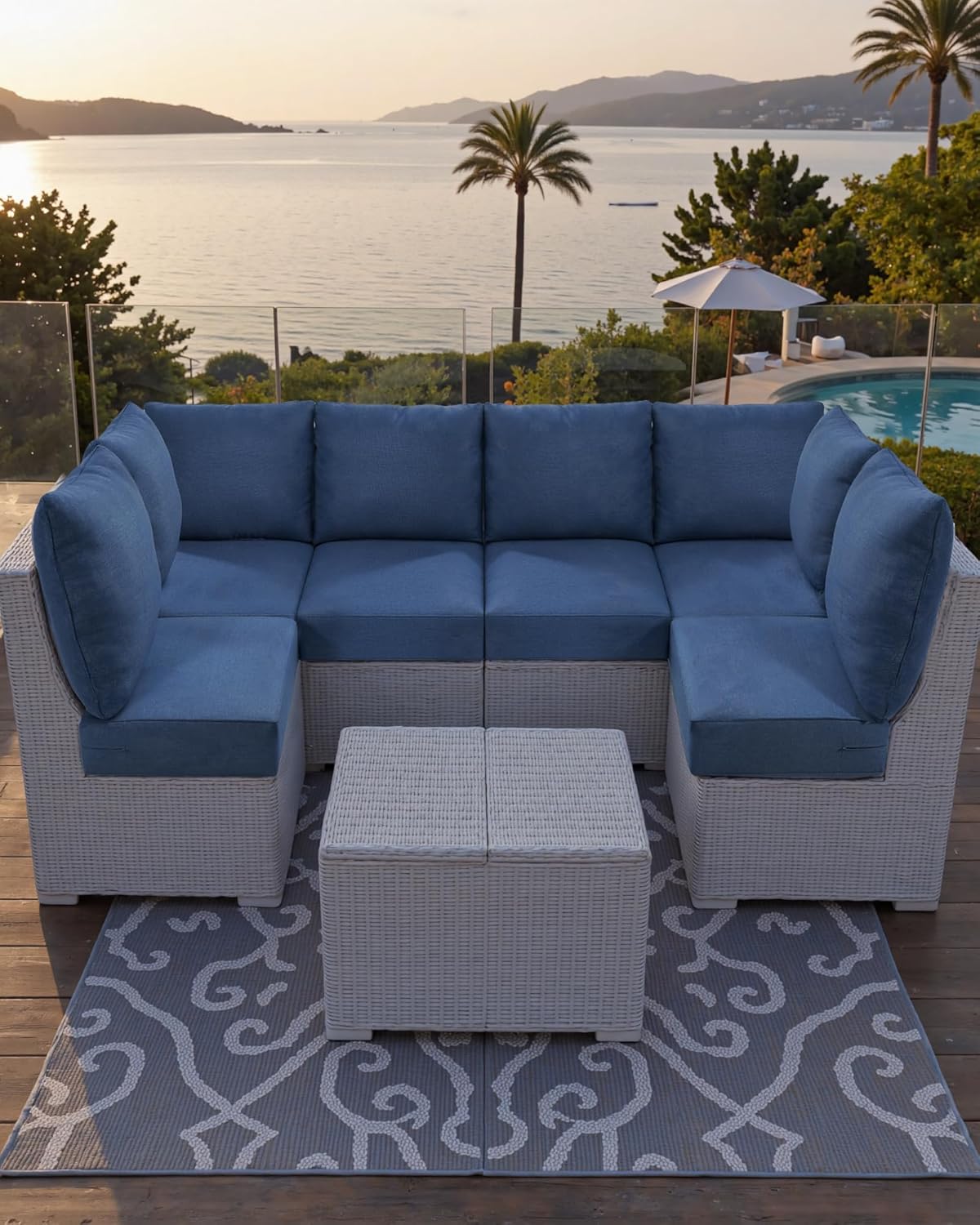 Luxury 24x24x6 Outdoor Couch Cushions Set of 3 - Water-Repellent 8-Piece Cushion Set for Outside Wicker 3-Seat Sofa Loveseat Chair Sectional Patio Conversation Sets - Navy Blue/Classic