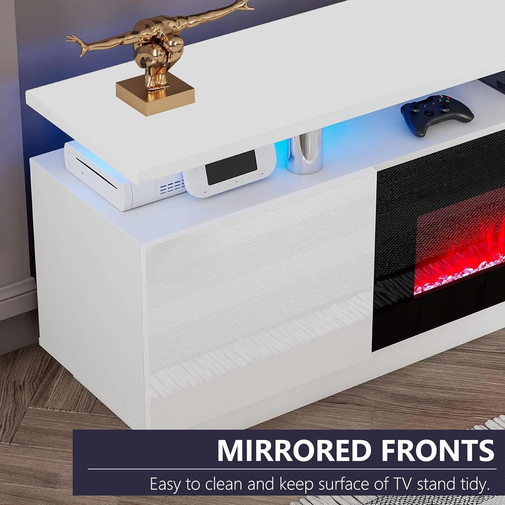 Modern Fireplace TV Stand with 36" Electric Fireplace,Finish Media Console with Open Storage, LED Lights Entertainment Center for TVs Up to 80", White