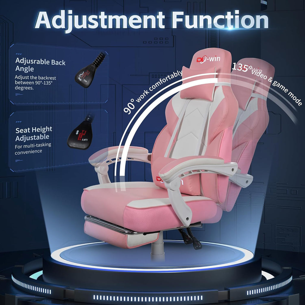 DL-win Video Gaming Chairs for Adults, Gamer Chair with Footrest, High Back, Big and Tall Gamer Chair‘s with Massage Lumbar Support, 360° Swivel Height Adjustable Computer Chaires, Pink