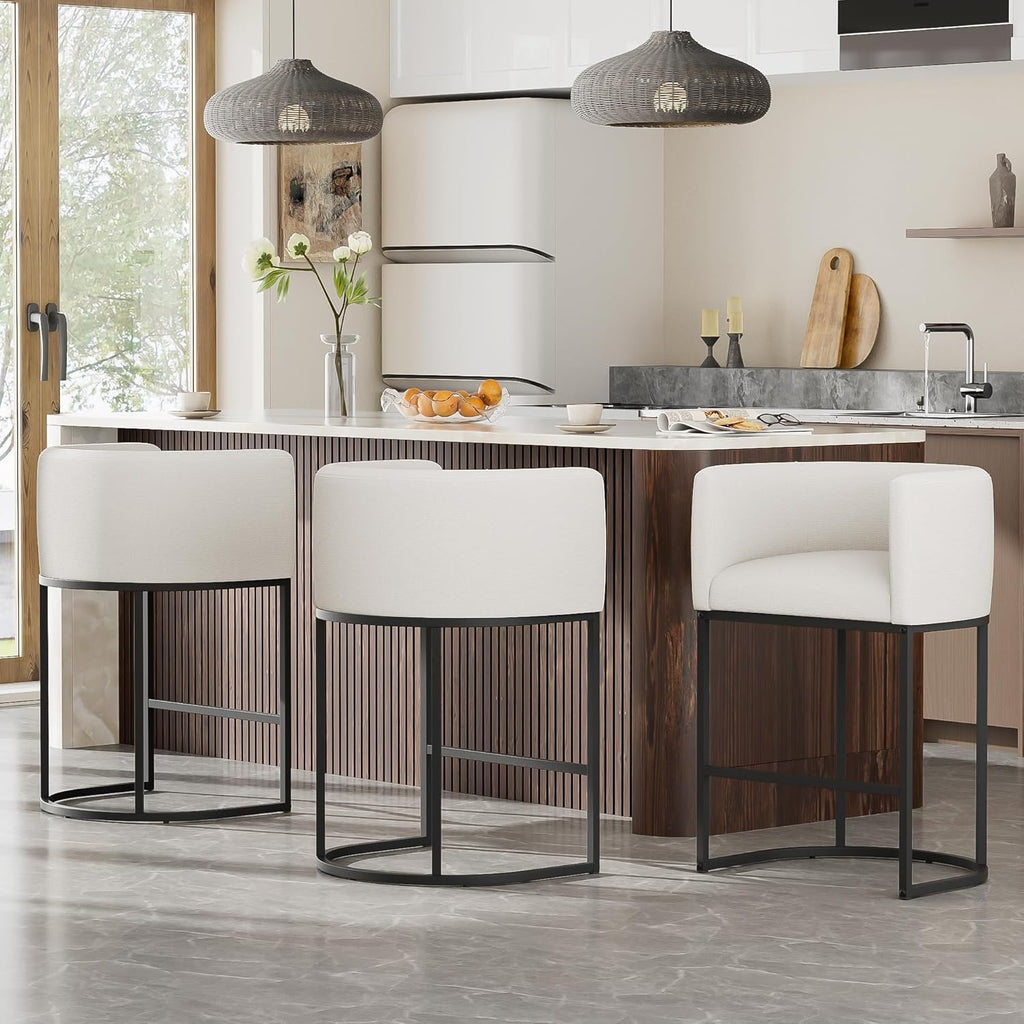 26" H Counter Height Bar Stools Set of 3, Modern Barrel Counter Stools with Backrest and Arms, Linen Fabric Upholstered Accent Barstools for Kitchen Island,Support 450 LBS (White)