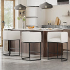 26" H Counter Height Bar Stools Set of 3, Modern Barrel Counter Stools with Backrest and Arms, Linen Fabric Upholstered Accent Barstools for Kitchen Island,Support 450 LBS (White)