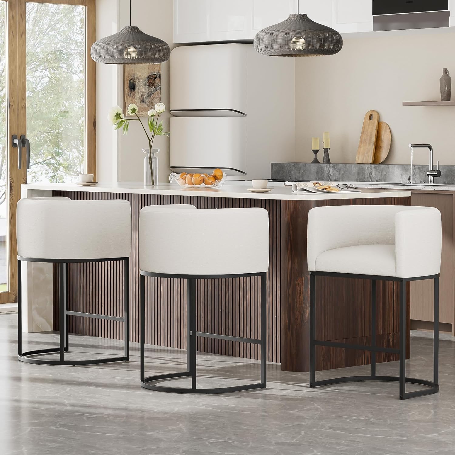 26" H Counter Height Bar Stools Set of 3, Modern Barrel Counter Stools with Backrest and Arms, Linen Fabric Upholstered Accent Barstools for Kitchen Island,Support 450 LBS (White)