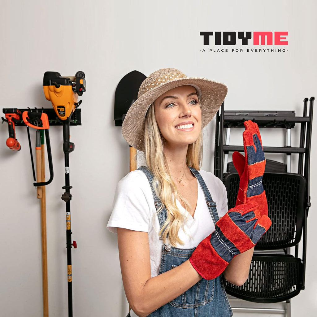 TIDYME Garage Tool Organizer Wall Mount - 96 inches - Sturdy Storage Rack with Adjustable Hooks, Anti-Rust - Easy Installation, 600lbs Capacity - Garden Tool Organizer (06 Racks & 12 Hooks)