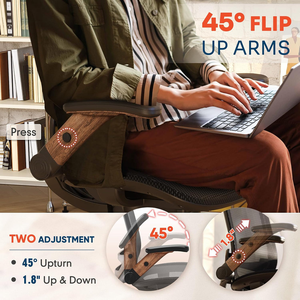 GABRYLLY Ergonomic Office Chair, High Back Home Desk Chair with Headrest, Flip-Up Arms, 90-120° Tilt Lock and Wide Cushion, Big and Tall Mesh Chairs for Man Woman, Black Task Chair(Dark Woodgrain)
