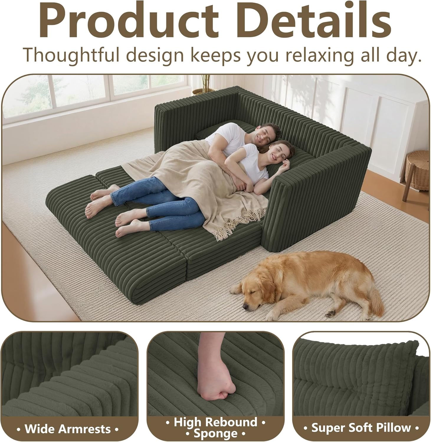 HABUTWAY Folding Sofa Bed, 2 in 1 Convertible Sleeper Chair with Pillow, Portable Fold Out Chair Bed with Armrest, Comfy Floor Couch, Lazy Sofa for Living Room Bedroom Dorm Home Office, Green