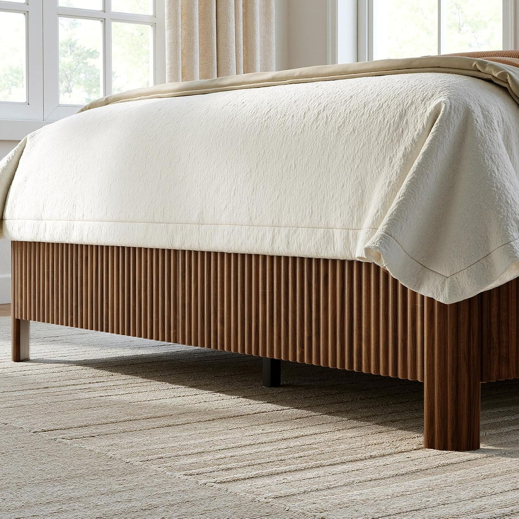 Evermagin Walnut Queen Bed Frame with Headboard, Mid Century Modern Fluted Platform Bed, Boho Wooden Bed Base No Box Spring Needed, Wavy Grooved Panel